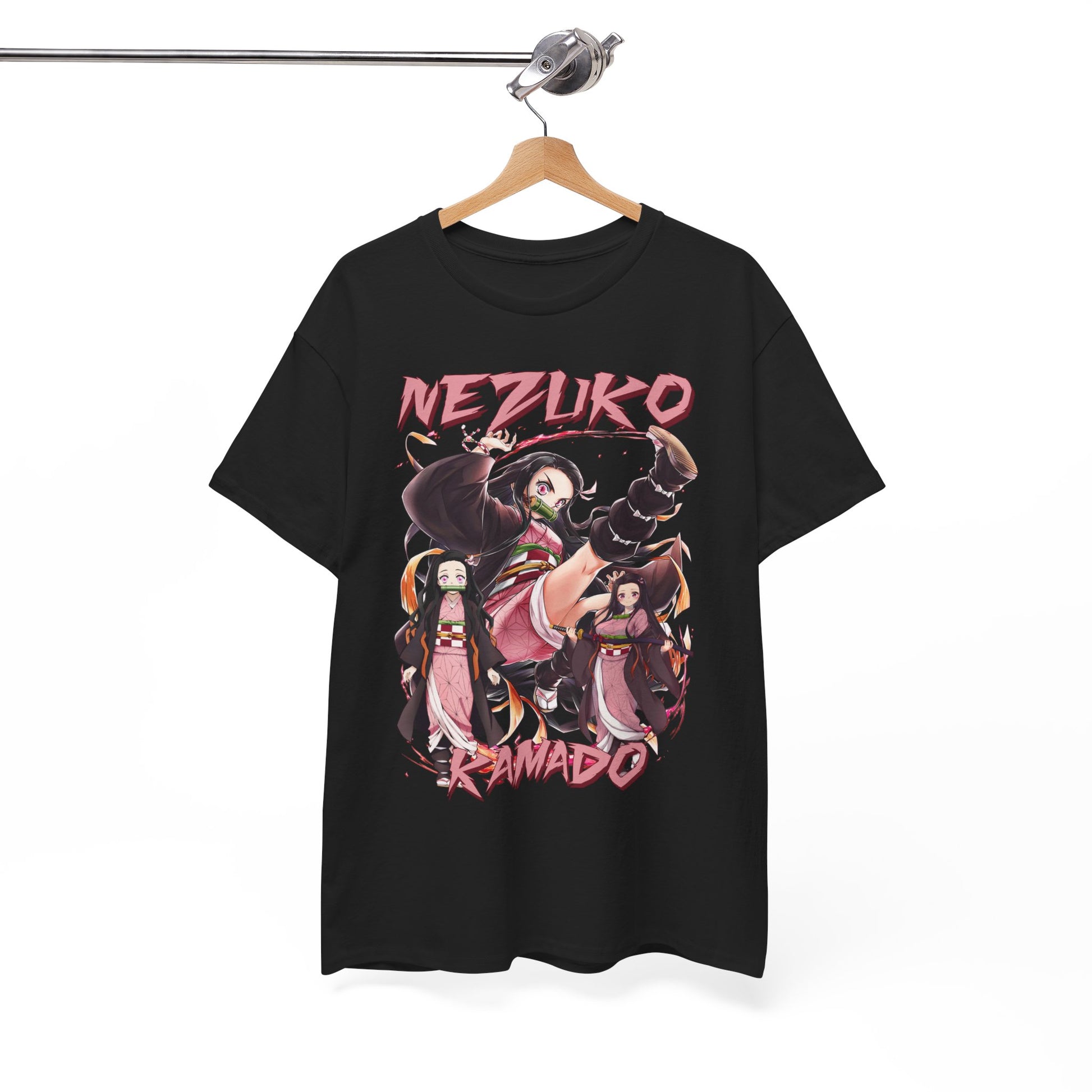 Chic black Nezuko Kamado T-shirt hanging on display, featuring an eye-catching anime illustration, perfect for an upscale casual look.