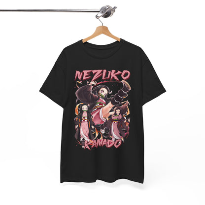 Chic black Nezuko Kamado T-shirt hanging on display, featuring an eye-catching anime illustration, perfect for an upscale casual look.