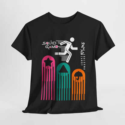 Luxurious black graphic t-shirt featuring a vibrant Squid Game design with playful elements inspired by Dalgona candy, ideal for stylish fans of unique fashion.