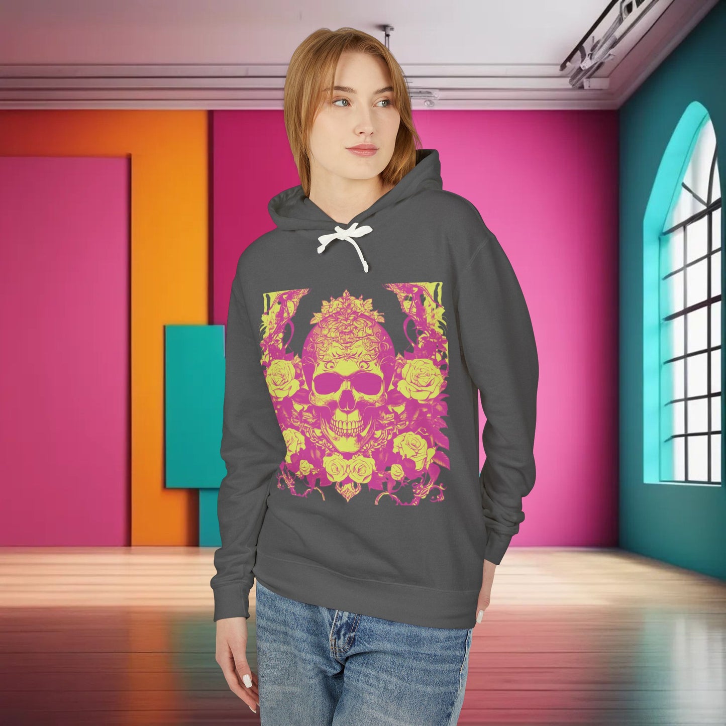 Unisex Lightweight Hooded Sweatshirt unique designer skull and roses