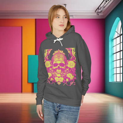 Unisex Lightweight Hooded Sweatshirt featuring unique designer skull and roses design, modelled by a woman in a stylish indoor setting, showcasing vibrant colours and luxurious style.