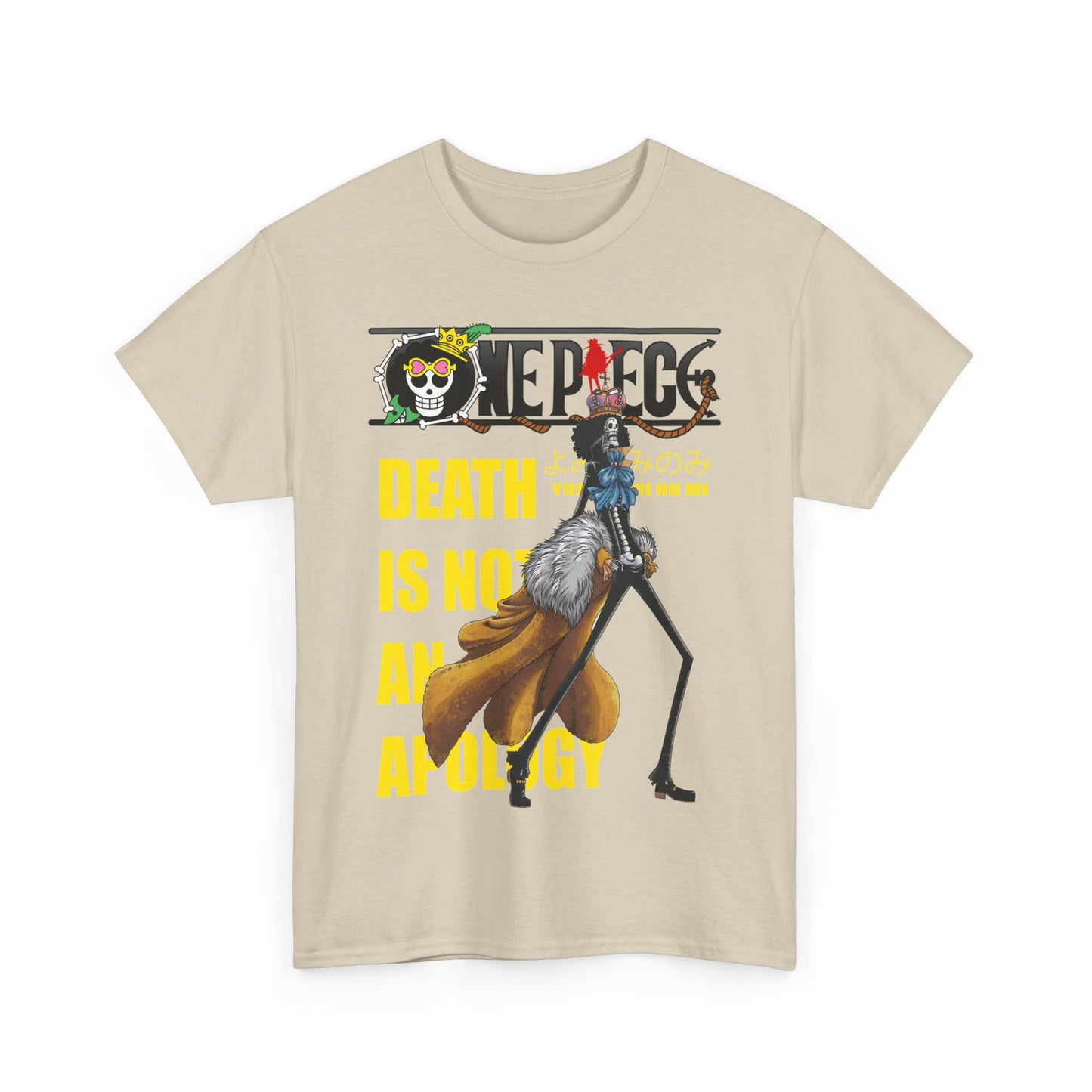 Chic light beige graphic tee styled with an eye-catching illustration of Brook from One Piece, accented by bold 'DEATH IS NOT AN APOLOGY' text, epitomising stylish anime-inspired fashion.