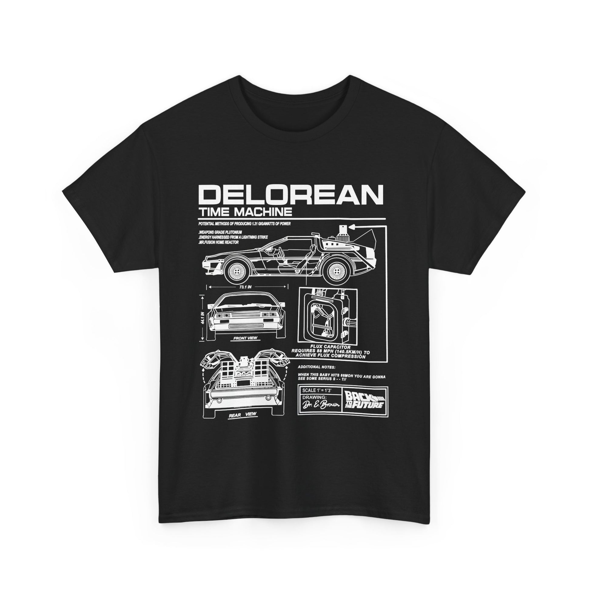 Sophisticated Men's Back to the Future DeLorean Blueprint T-Shirt in black, presenting detailed technical artwork of the famous time machine.