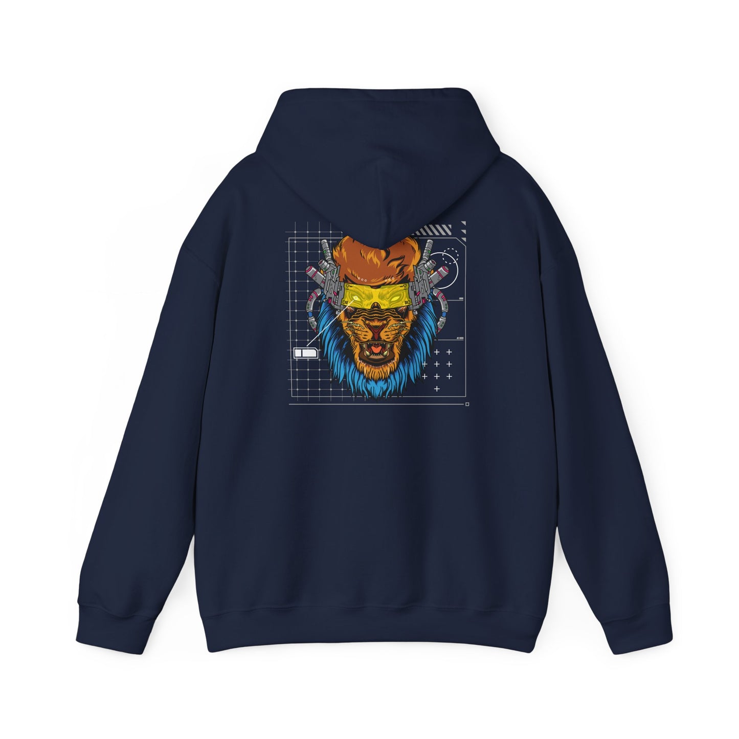 Premium navy hoodie displaying a captivating lion graphic with futuristic enhancements on the back, perfect for fashionable layering.