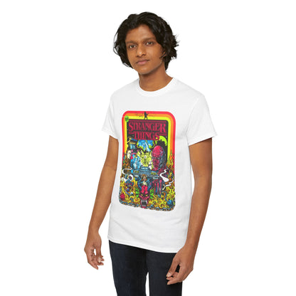 Elegant man wearing a white Stranger Things graphic t-shirt, highlighting its artistic design, perfect for a trendy look.