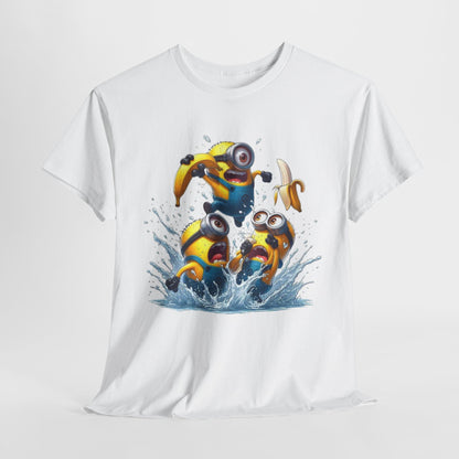 Mens Funny T-Shirt: Minions Banana Splash featuring playful Minions splashing in water, showcasing a humorous and vibrant design, perfect for fans of the Minions. Ideal for casual wear, this T Shirt brings fun and laughter to your outfit.