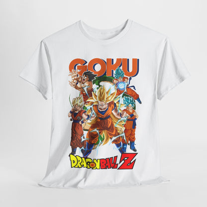 Luxury GOKU Power Surge T-Shirt featuring a captivating Dragon Ball Z design, showcasing various powerful Goku forms against a pristine white backdrop.