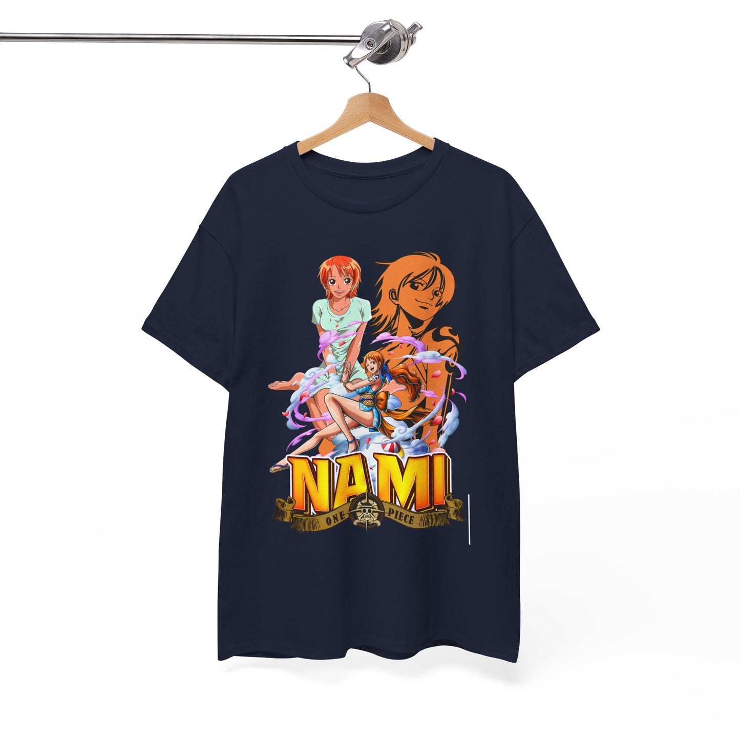 Luxurious navy blue men's t-shirt featuring vibrant Nami anime art from One Piece, showcasing exquisite artistry and design.