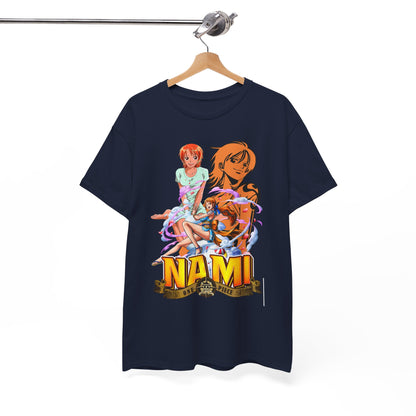 Luxurious navy blue men's t-shirt featuring vibrant Nami anime art from One Piece, showcasing exquisite artistry and design.