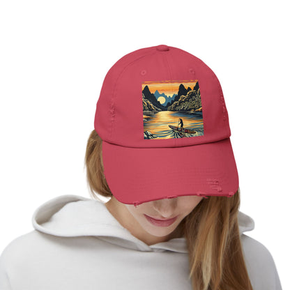 Unisex Distressed Paddleboarders Cap with Fantasy Design, featuring a serene water scene and a stylish individual wearing the cap, perfect for luxury water adventures.