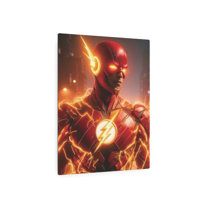 The Flash Metal Art Poster featuring a captivating depiction of the superhero in a dramatic pose, radiating energy and elegance, perfect for sophisticated home decoration.