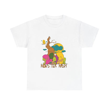 Monster Mash T-Shirt in white featuring a whimsical cartoon design with a vibrant tree and playful colorful creatures, perfect for embracing a whimsical style.