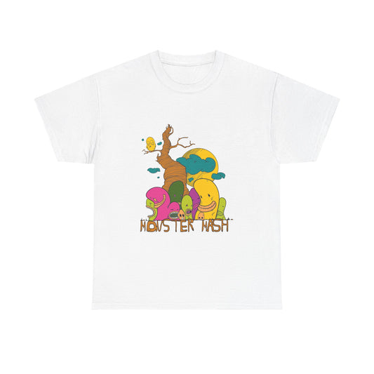 Monster Mash T-Shirt in white featuring a whimsical cartoon design with a vibrant tree and playful colorful creatures, perfect for embracing a whimsical style.