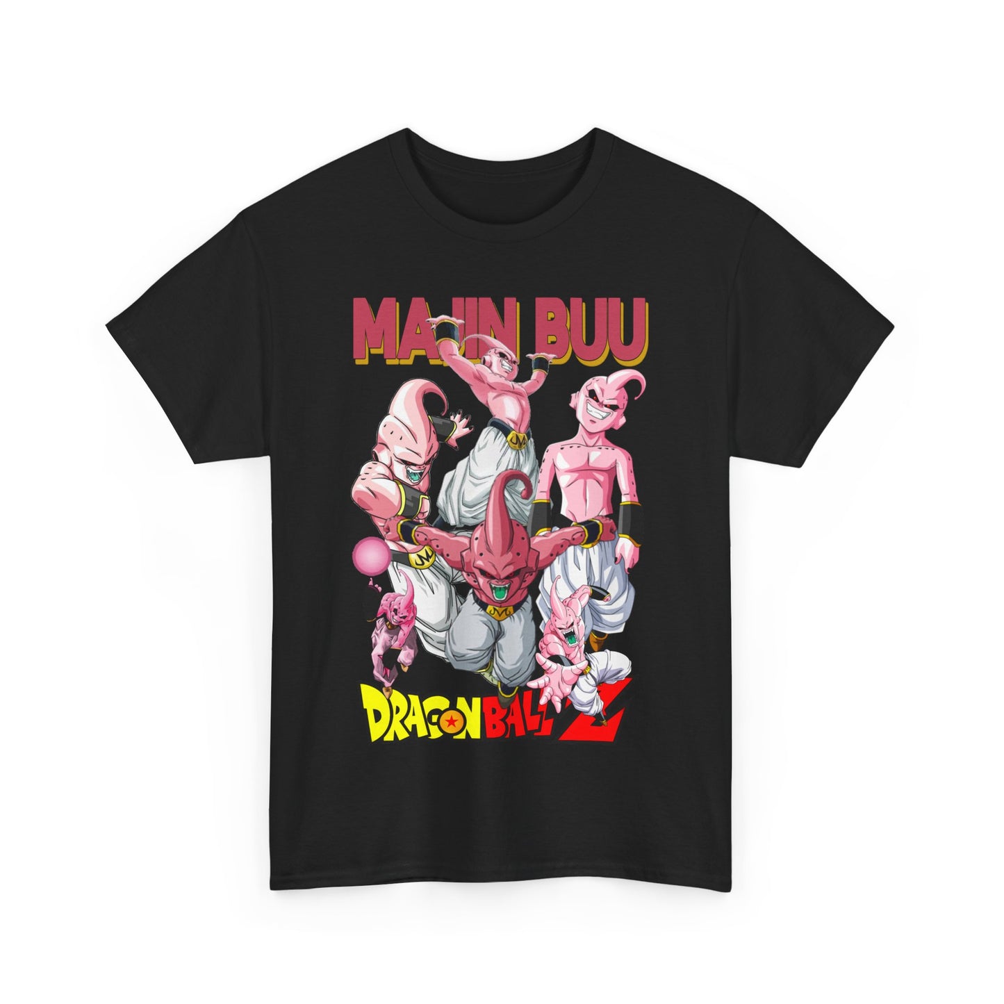 Luxurious Majin Buu graphic T-shirt featuring vibrant pink and purple humanoid characters from Dragon Ball Z, showcasing bold 'MAJIN BUU' text and striking design against a black background, perfect for anime enthusiasts.