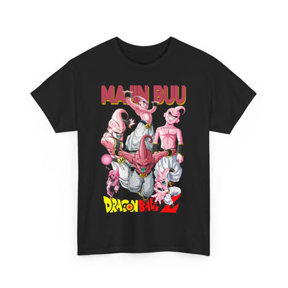 Luxurious Majin Buu graphic T-shirt featuring vibrant pink and purple humanoid characters from Dragon Ball Z, showcasing bold 'MAJIN BUU' text and striking design against a black background, perfect for anime enthusiasts.
