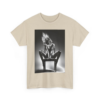 Chic beige t-shirt with artistic black and white printed design, portraying a graceful figure in a striking pose, perfect for expressing individuality and playful sophistication.