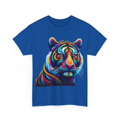Front view of Tiger's Whimsy Graphic Unisex T-Shirt in blue adorned with an artistic rainbow tiger design.