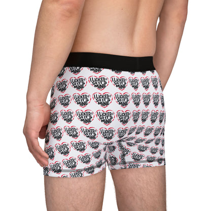 Back view of men's Valentine's Naughty Cheeky Boxer Briefs with a bold heart motif, designed for comfort and cheeky charm, perfect for anniversaries.