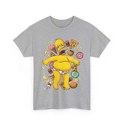 Front view of Homer's Gluttonous Glory Unisex Cotton Tee Graphic T Shirt featuring a vibrant illustration of Homer Simpson surrounded by delicious treats, embodying luxury casual style.