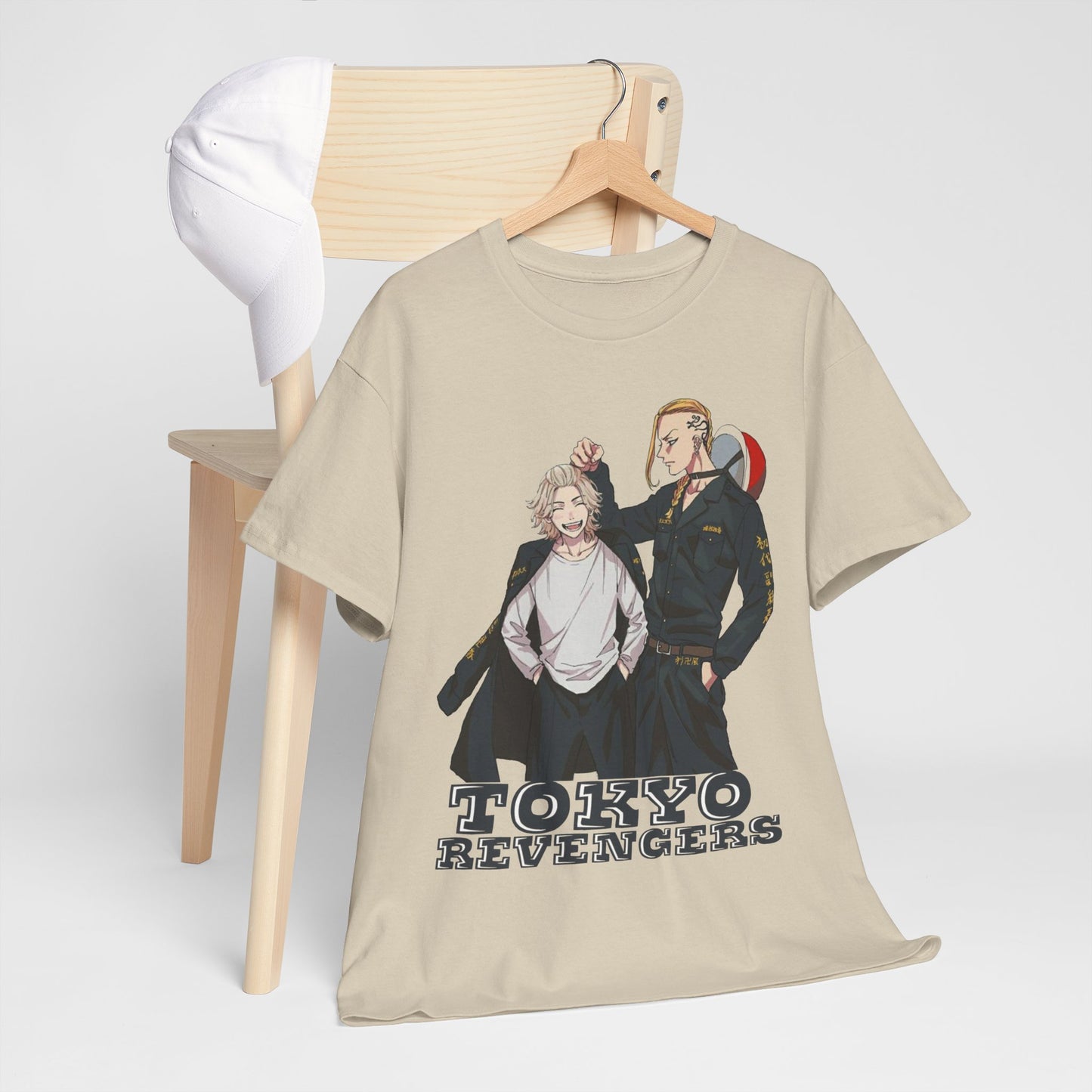 Chic Tokyo Revengers graphic t-shirt elegantly positioned on a hanger, capturing the essence of contemporary streetwear.