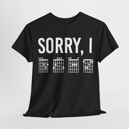 Sorry I DGAF Graphic T-Shirt in black, featuring a stylish design with musical chord diagrams and bold lettering, crafted from sustainable cotton for a luxurious feel, perfect for music enthusiasts and casual wear.