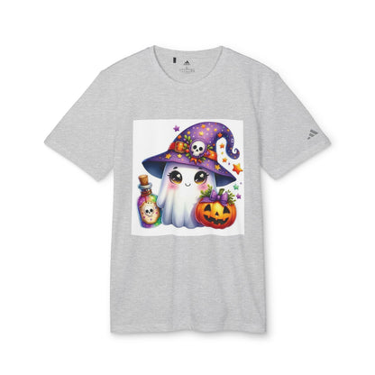 Adidas Unisex Halloween Party Ghost Cute T-shirt in light grey showcasing a cute ghost in a witch's hat, perfect for combining fun and fashion this Halloween.