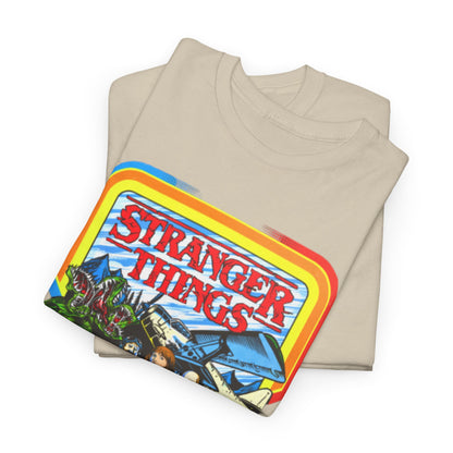 Stylish Stranger Things graphic t-shirt folded elegantly, revealing a nostalgic design that merges retro arcade aesthetics with iconic characters from the popular series.