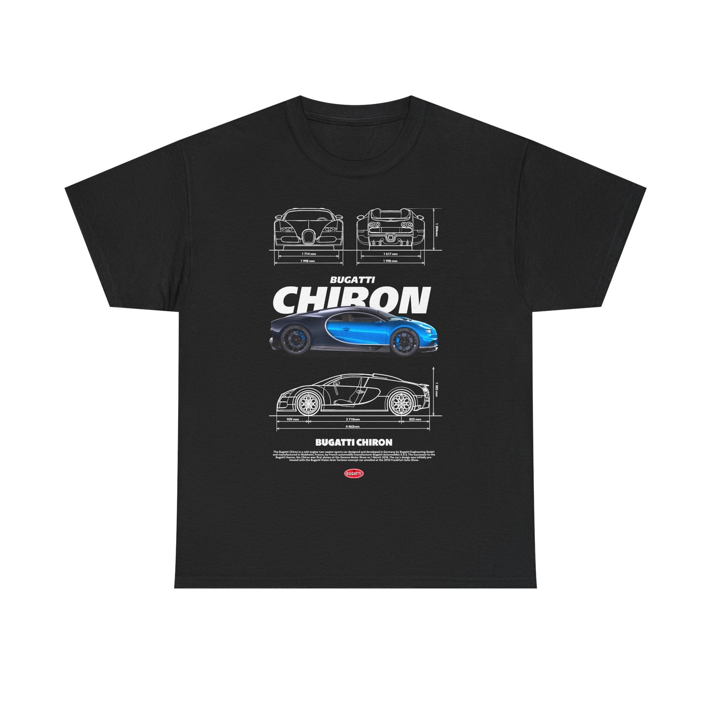 Men's black t-shirt showcasing a stunning Bugatti Chiron graphic with multiple angles and intricate design details.