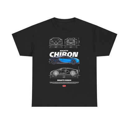 Men's black t-shirt showcasing a stunning Bugatti Chiron graphic with multiple angles and intricate design details.