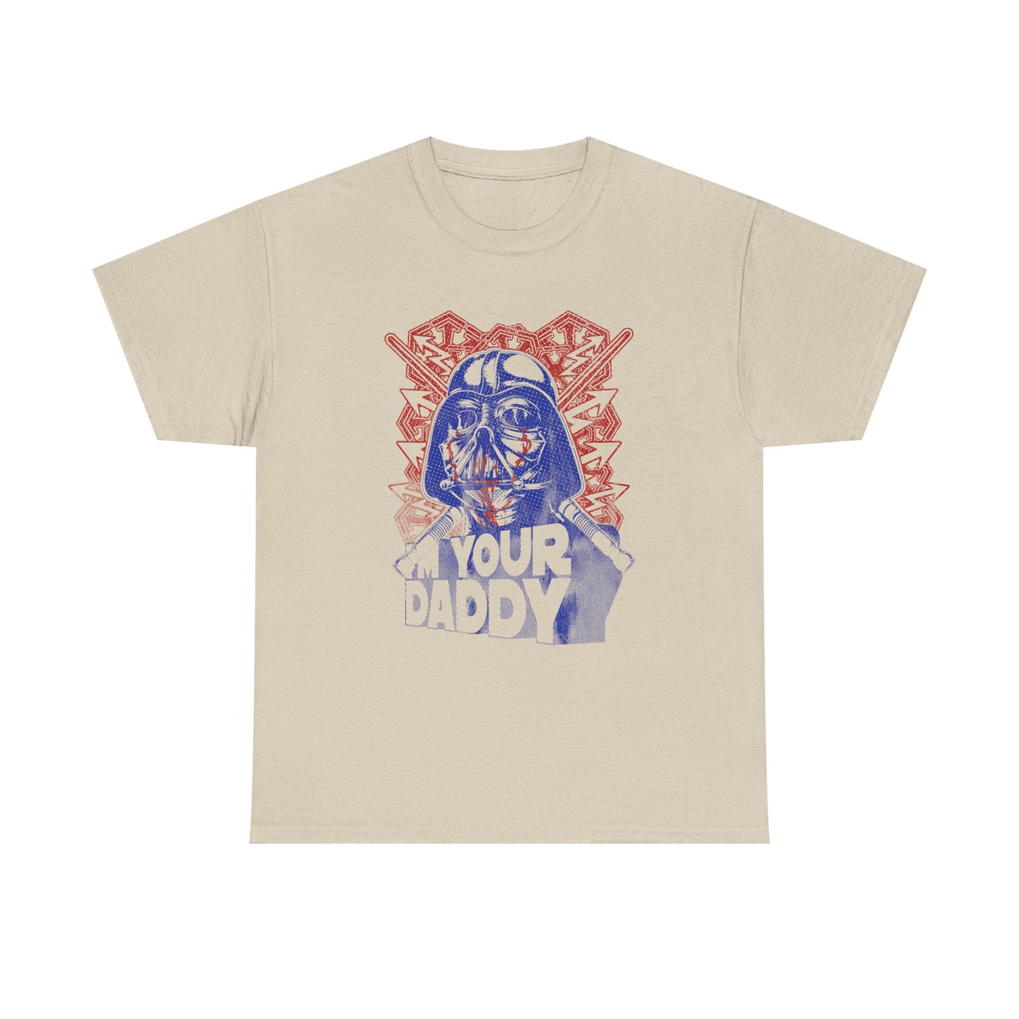 Elegant cream-coloured t-shirt showcasing a whimsical Darth Vader illustration with the phrase 'I'M YOUR DADDY', beautifully contrasted with a striking red design.