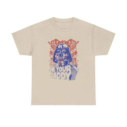 Elegant cream-coloured t-shirt showcasing a whimsical Darth Vader illustration with the phrase 'I'M YOUR DADDY', beautifully contrasted with a striking red design.