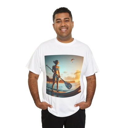 The stunning paddleboarding artwork featured on the Delightfull Paddle Board Scene T-Shirt from Dazzling Dreams Studio, a stylish choice for outdoor lovers.