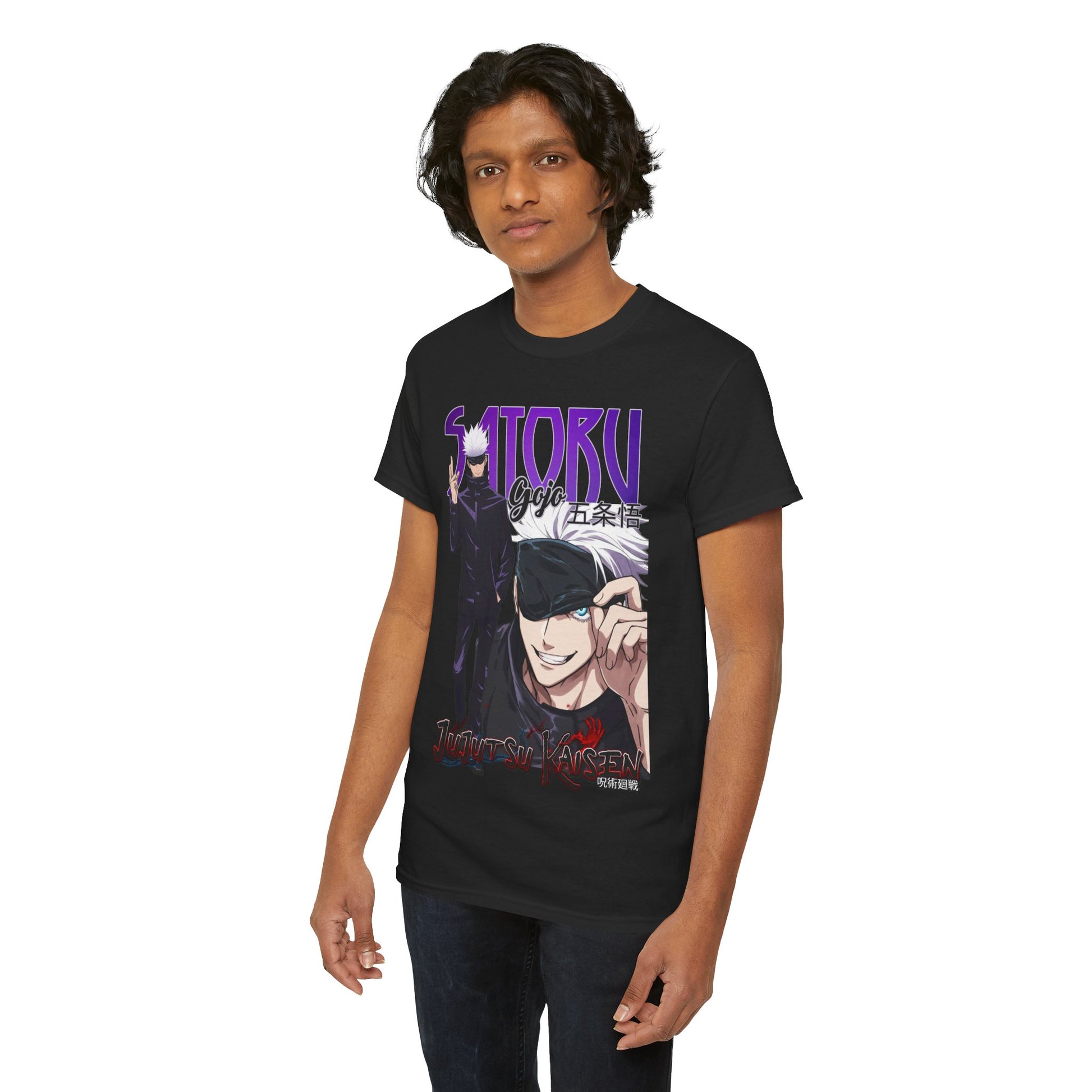 Front view of a premium black t-shirt featuring an exquisite graphic design of Gojo Satoru from Jujutsu Kaisen, showcasing vibrant colours and intricate details for anime enthusiasts.