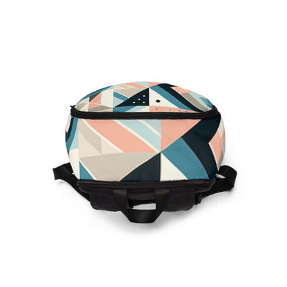 Model carrying the Modern Pastel Geometric Backpack by Dazzling Dreams Studio in an urban setting, illustrating its stylish and practical appeal for contemporary lifestyles.