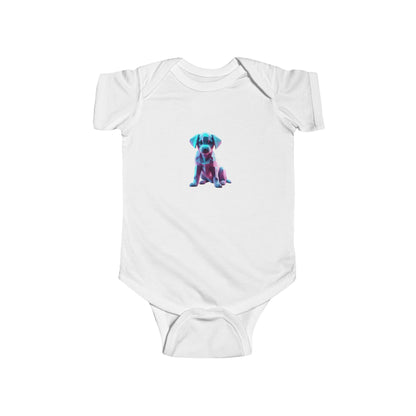 Elegant Puppy Bodysuit with a geometric puppy illustration on a pristine white background, perfect for fashionable infants. Available in various colours.
