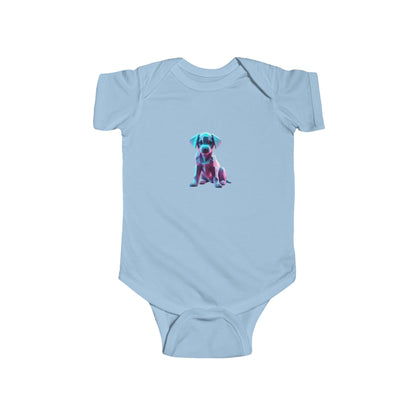 Sophisticated Puppy Bodysuit displaying a geometric puppy motif on a serene blue background, suitable for trendy infants. Comes in an array of colours.