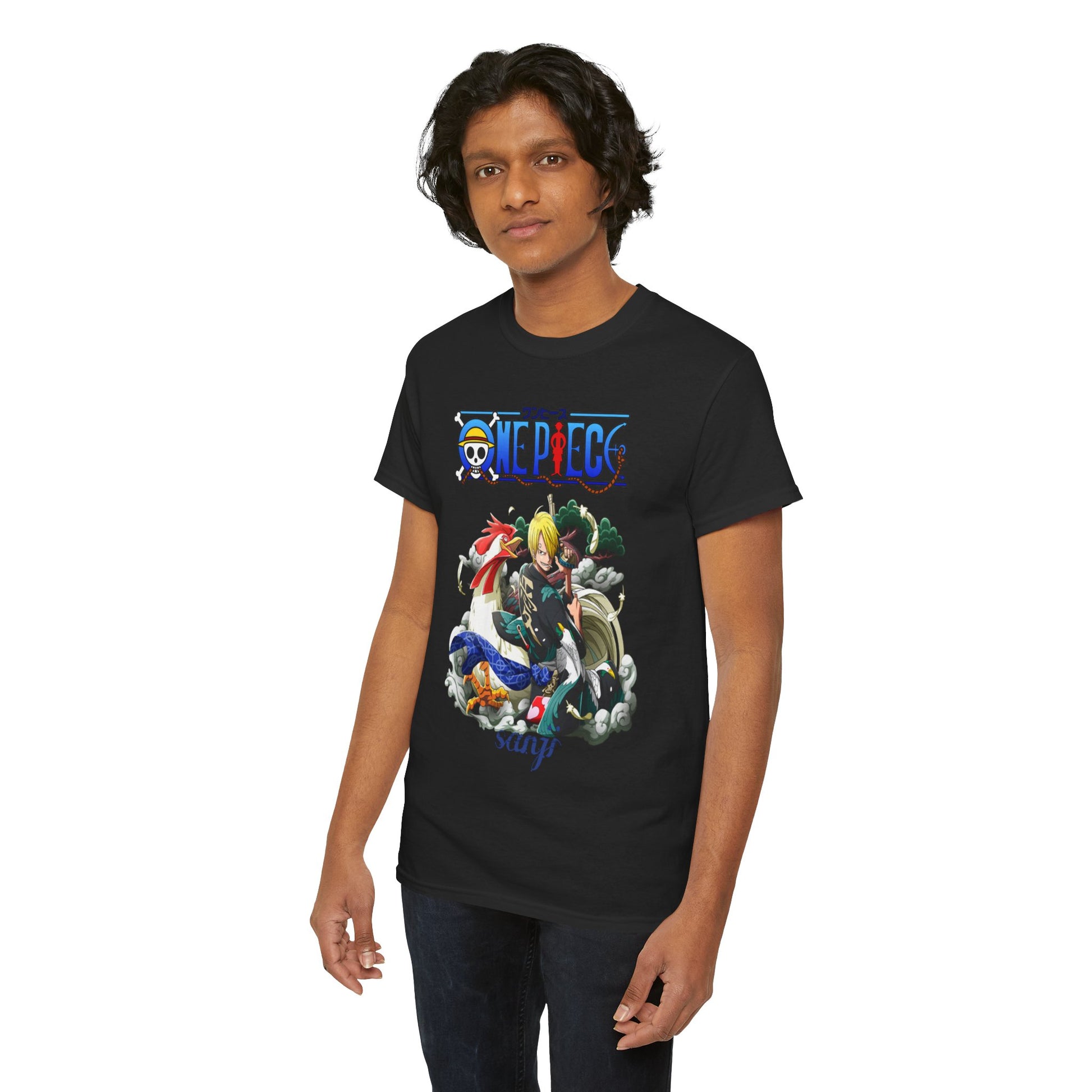 Luxurious men's t-shirt showcasing a vibrant Sanji design from One Piece, featuring intricate detailing and bold colours, ideal for anime enthusiasts.