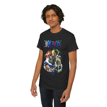 Luxurious men's t-shirt showcasing a vibrant Sanji design from One Piece, featuring intricate detailing and bold colours, ideal for anime enthusiasts.