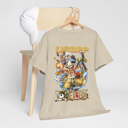 Fashionable One Piece Usopp t-shirt draped over a chair, highlighting a vivid color palette and artistic details for discerning anime lovers.