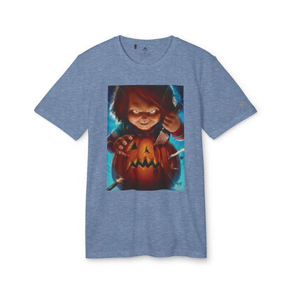 Adidas Unisex Halloween Chucky Cute T-shirt in blue, featuring a charming graphic of Chucky carving a pumpkin, perfect for stylish Halloween celebrations.