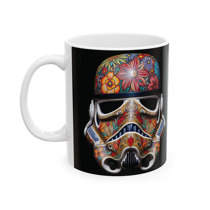 Artistic Floral Stormtrooper Mug with a captivating floral design, elegantly displayed against a black background, perfect for those who cherish unique and stylish drinkware.