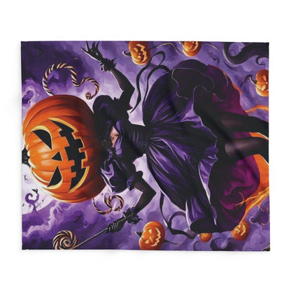 Vibrant Decorative and Warm Halloween Spooky Arctic Fleece Blanket featuring a witch with a pumpkin head and swirling Halloween motifs, perfect for adding a luxurious touch to seasonal décor.
