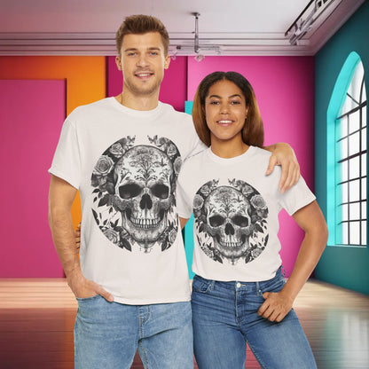 Chic couple wearing Skulls and Roses Cotton Tee, demonstrating the versatile unisex graphic shirt with intricate skull art, suited for various occasions.