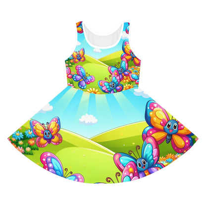 Lilliana Twinklestitch Butterfly Print Girls Sundress by Dazzling Dreams Studio showcasing vibrant colours, playful butterfly designs, and a flared skirt ideal for summer fashion.