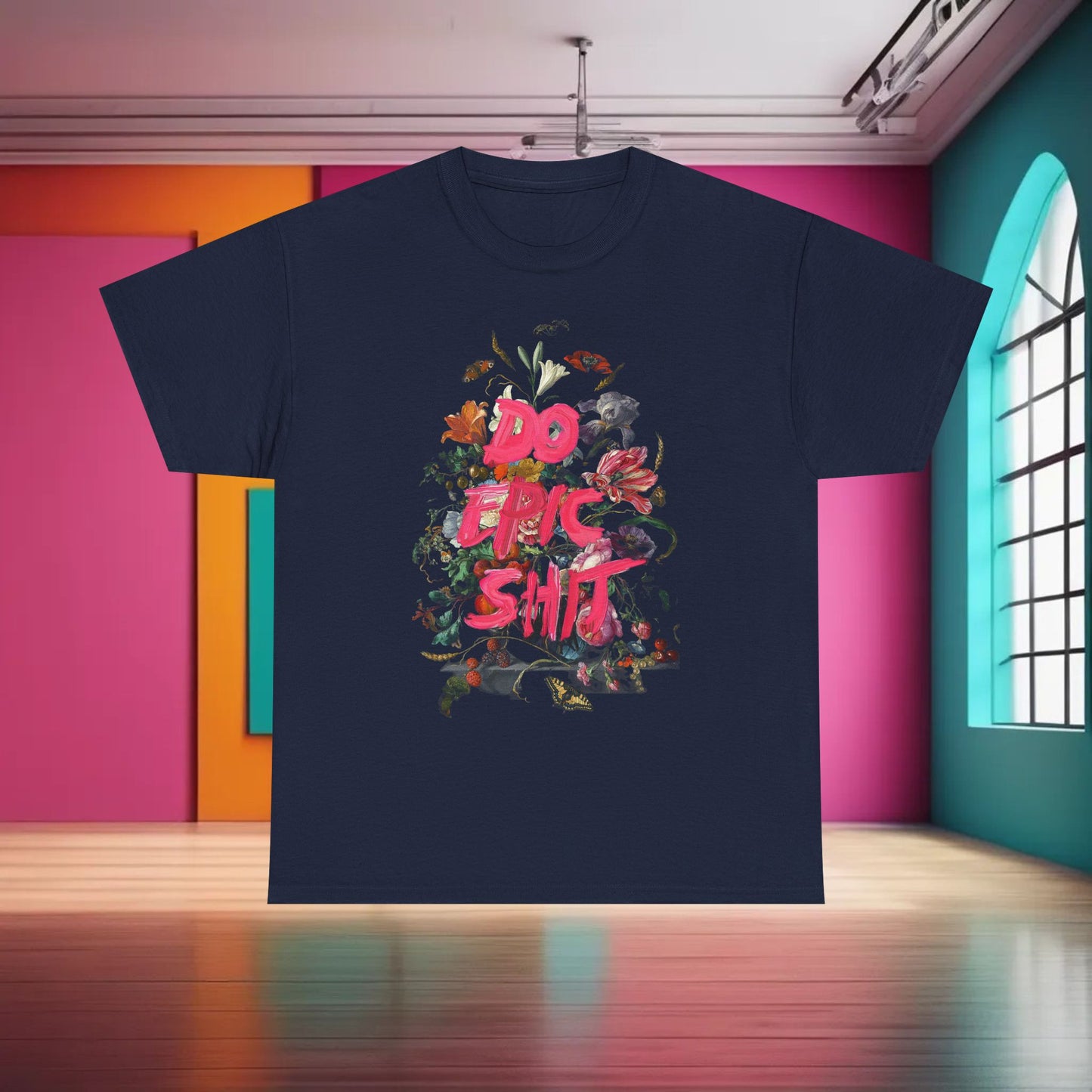 Refined unisex navy t-shirt showcasing striking floral graphics with the statement 'DO EPIC SHIT', against a sophisticated interior.