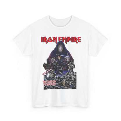 Front view of the striking Iron Empire Graphic Tee in white, adorned with a dynamic Darth Sidious and Vader design, merging luxury with pop culture.