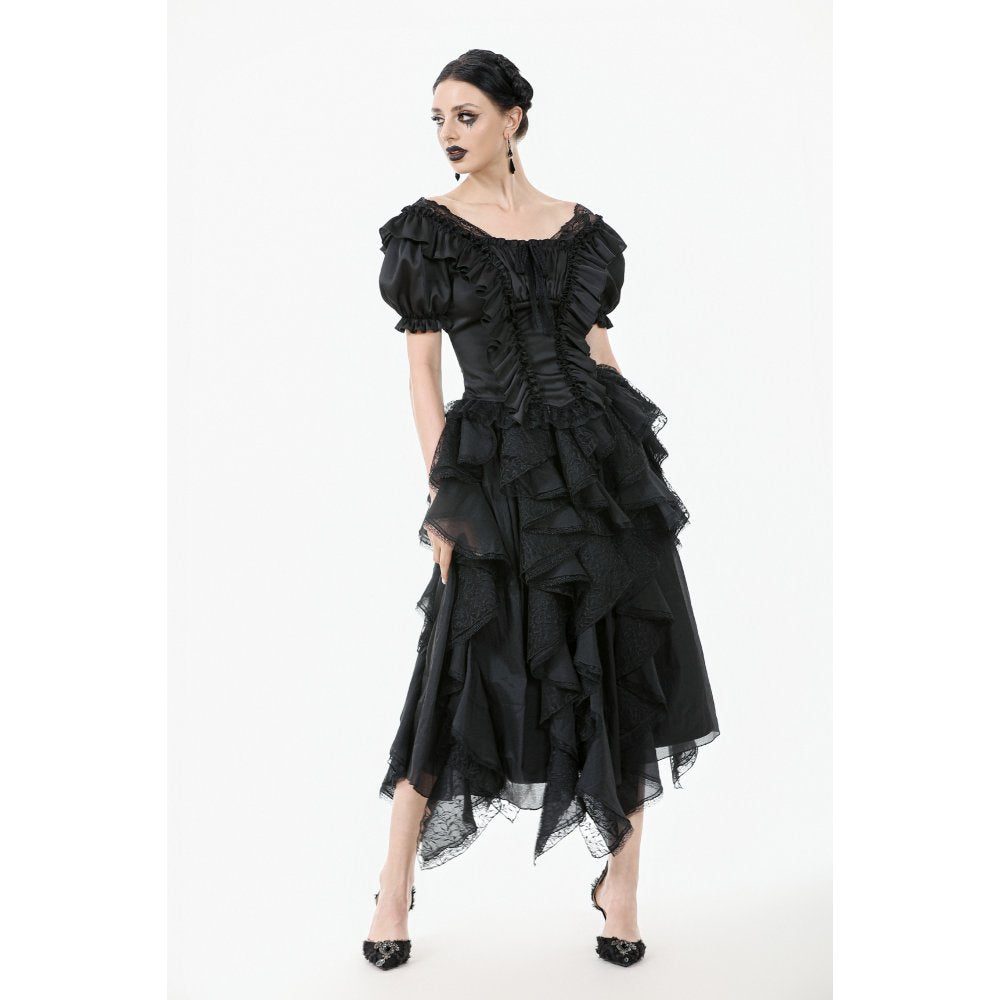 Elegant Dark in Love Black Seraphina Ruched Corset Top featuring dramatic puff sleeves and intricate lace trim, perfect for gothic fashion enthusiasts.