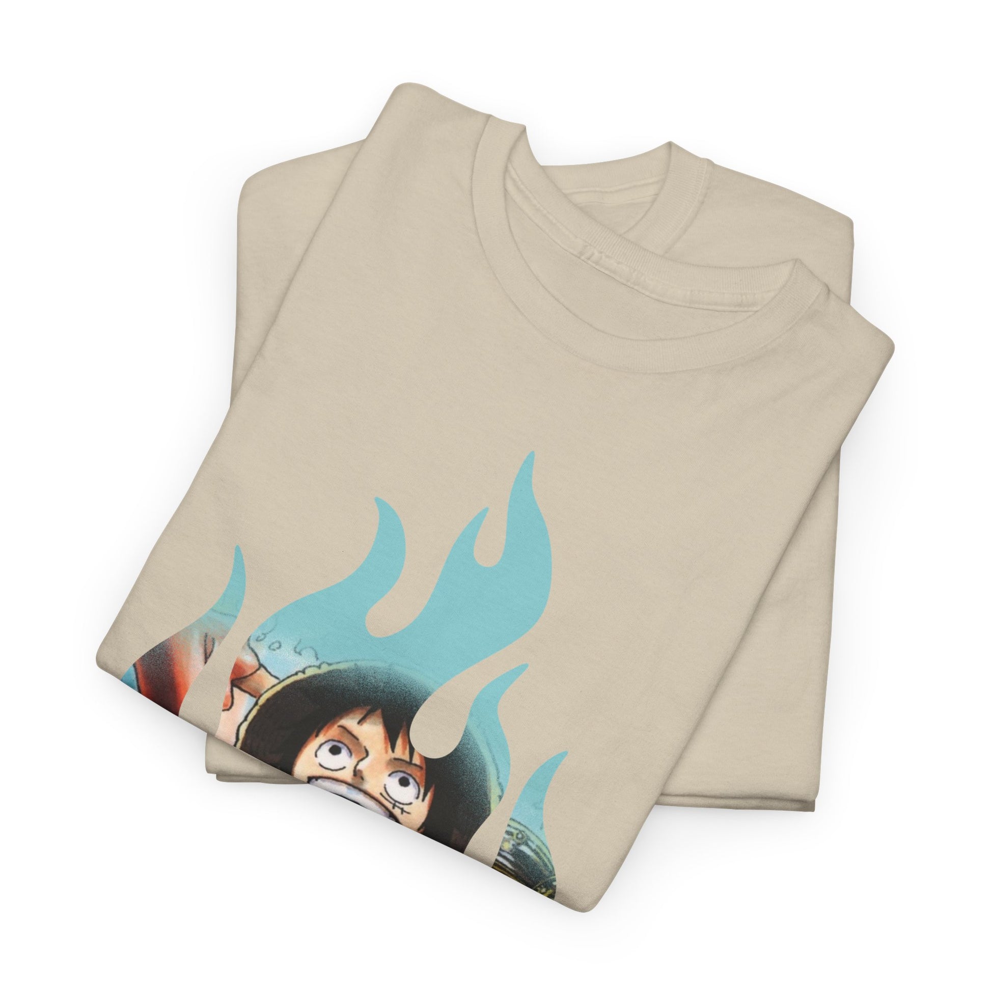 Luxurious display of folded men's graphic t-shirts in a light beige shade, featuring captivating design elements for a stylish and contemporary aesthetic.