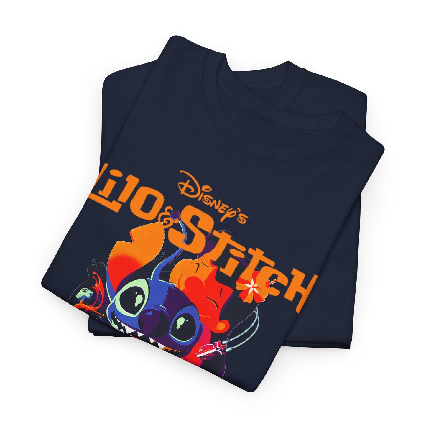 Stylish stacked Lilo & Stitch graphic t-shirts in navy blue, showcasing vibrant designs and premium fabric, ideal for casual elegance and playful Disney charm.