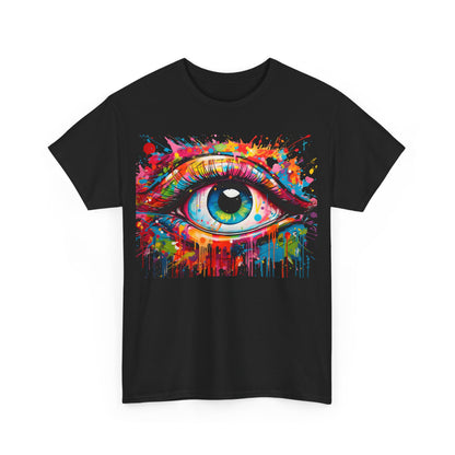 Visionary Drip Graffiti Graphic Unisex T Shirt Tee - Front view with a striking rainbow eye graphic on a black tee, blending art and fashion.